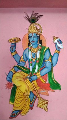 a painting on the side of a wall depicting a hindu god with two hands in his left hand