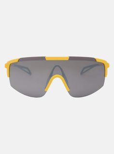 a pair of sunglasses with yellow frames and grey lenses on the top, side view