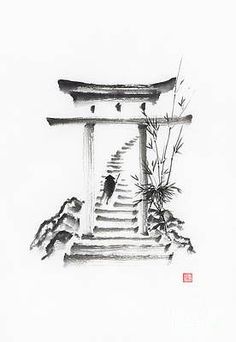 an ink drawing of steps leading up to a pagoda with birds perched on the top