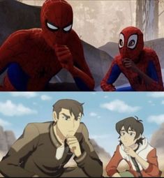 spider - man and his friend are sitting in front of each other