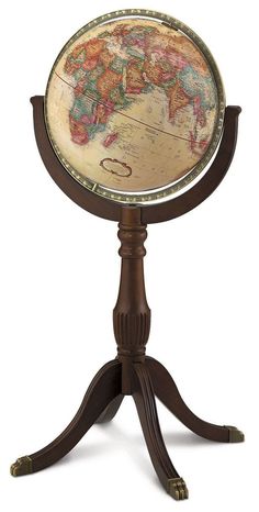 an old world globe on a wooden stand with wheels and feet, in the shape of a tripod