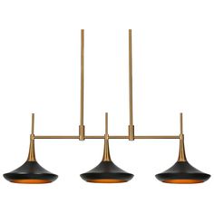 three lights that are hanging from a metal bar with black and gold shades on them