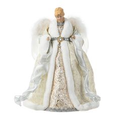 an angel figurine is dressed in white and gold