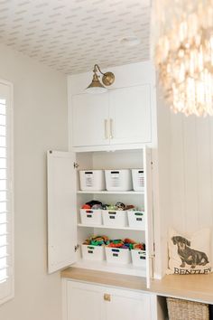 an organized pantry with bins, baskets and other items on the shelves in a white room