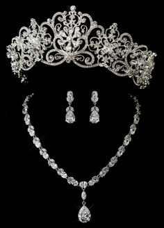 2 1/2" Tall Silver Plated Royal Wedding Tiara with CZ Jewelry Set Wedding Jewelry With Crown Design, Elegant Silver Bridal Sets With Rhinestones, Silver Bridal Sets With Rhinestones For Wedding, Silver Bridal Sets With Diamond Accents, Diamond Crown Jewelry For Wedding, Wedding Jewelry Sets With Silver Rhinestones, Silver Rhinestone Jewelry Sets For Wedding, Wedding Silver Jewelry Sets With Rhinestones, Teardrop Crown Jewelry With Rhinestones For Wedding