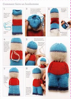 the instructions for making a knitted doll with blue, red and white stripes on it