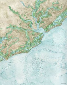 an aerial view of water and land in the middle of the ocean with green lines on it