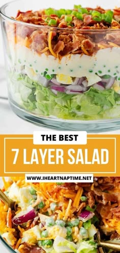 the best 7 layer salad recipe is made with fresh vegetables, meats and cheese