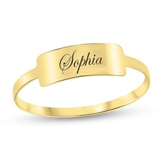 With personalized flair, this bar ring is a great addition to her jewelry box. Crafted in warm 10K gold, this stylish choice features a center bar adorned with a name or message - up to 10 characters in length - inscribed in an attractive script font. Buffed to a brilliant luster, this ring is a unique look just for her. 14k Gold Nameplate Bracelet For Anniversary, Personalized Nameplate Ring For Promise, Personalized Engraved Nameplate Ring For Promise, Classic 14k Gold Personalized Stackable Rings, Personalized Classic 14k Gold Stackable Rings, Classic Rings With Custom Name For Personalized Gift, Classic Custom Name Rings For Personalized Gift, Personalized Rectangular Engraved Ring For Formal Occasions, 14k Gold Engraved Name Ring For Promise