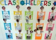 a classroom bulletin board with pictures and magnets attached to the back of it that says, class helpers