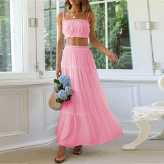 Tavimart Elegant Fashion Skirt 2-Piece Set for Women Summer Skirt Sets Open Waist Sexy Lace Short Strap+A-line Maxi Skirt Suits Spring Two-piece Solid Skirt, Pink Two-piece Skirt Set For Summer, Pink Tiered Skirt Set For Summer, Fitted Solid Color Skirt For Vacation, Fitted Beach Skirt In Solid Color, Pink Solid Color Summer Sets, Two-piece Set With Flowy Skirt For Summer, Fitted Pink Maxi Skirt For Vacation, Flowy Two-piece Maxi Skirt