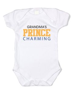 Cool Kids Clothes "Grandma's Prince Charming" Gold and Blue Text, White Onesie Family Matching White Onesie With Name Print, White Letter Print Bodysuit As Gift, White Onesie With Letter Print For Gender Reveal, Parenting Onesie With Funny Text In White, White Onesie With Funny Text For Parenting, White Onesie For Gender Reveal With Funny Text, Grandma Onesie, Baby Onesie Gift, Kids Clothes Diy