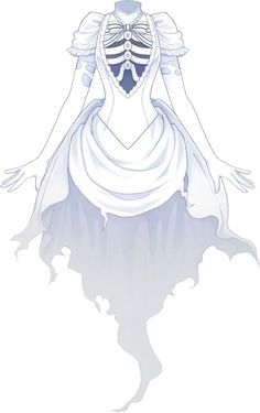 a woman in a white dress with skeleton bones on her chest and hands behind her back