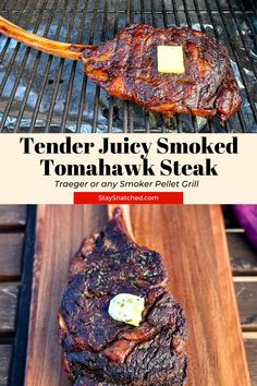 Tender juicy large Tomahawk steak smoked on a Traeger or any smoker pellet grill. Tomahawk Steak Recipe Smoker, Quick Traeger Grill Recipes, Pellet Grill Steak Recipes, Tomahawk Steak Recipe Grill, Smoked Tomahawk Steak, Tomahawk Steak Recipe, Curing Meat, Ways To Cook Steak, Smoker Ideas