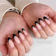 Black And White Double French Tip Nails, Double Black French Nails, Black Mini French Nails, Black And White Oval Nail Designs, Black Tip Design Nails, Black Double French Tip Nails, Black French Tip Nails With Gold Line, Tuxedo French Tip Nails, Almond Double French Tip Nails