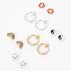 Expand your clip-on earring collection with this cool set! It has peace signs, rainbows, daisies, yin yangs, and two pairs of hoops. Pack Size: 6 Finish: Mixed metal Closure: Clip on, Magnetic Material: Metal - Claire's Mixed Metal Peace, Rainbow Stud & Hoop Magnetic Earrings - 6 Pack Trendy Adjustable Metal Clip-on Earrings, Magnetic Earrings, Peace Signs, Picture Puzzles, Earring Collection, Fashionable Jewelry, Cute Cases, Earrings Collection, Metal Style