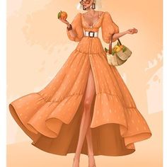 a woman in an orange dress holding two apples and a purse with her right hand