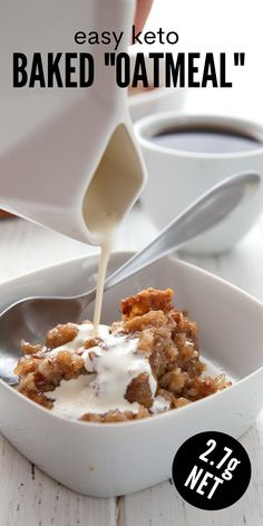 a person pouring milk into a bowl filled with baked oatmeal