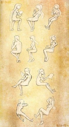 some drawings of people sitting and standing in different positions