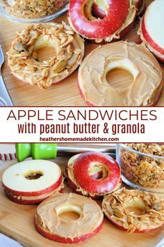 apple sandwiches with peanut butter and granola are on a cutting board next to apples