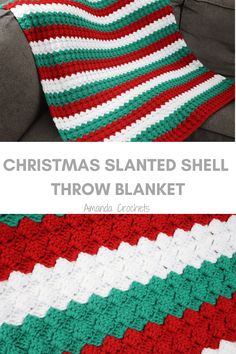 a crocheted christmas blanket is shown with the text, christmas slanted shell throw blanket