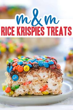 a close up of a piece of cake on a plate with the words m & m rice krispies treats