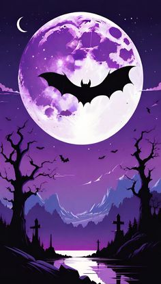 a full moon with bats flying in the sky above water and trees on either side