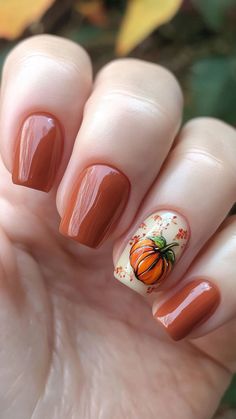 Celebrate the season with Pumpkin Pie nails for a warm, inviting look. This easy and durable design captures the essence of fall with a touch of seasonal charm. Click the pin to discover more and follow us for fresh nail inspirations! #FallNails #PumpkinPie #NailDesigns #ShortNails #NailArt Pumpkin Nail Designs Short, Fall Nails With Pumpkin Design, Fall Nail Designs With Pumpkins, Fall Season Nails Pumpkin, Fall Harvest Nails, Pumpkin Nail Tutorial, Fall Nail Designs Halloween, Fall Manicure Designs, Fall Nails Pumpkins