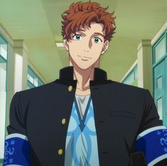 an anime character with red hair and blue eyes wearing a black jacket in a hallway