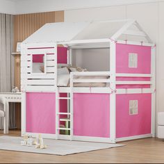 a pink and white bunk bed with stairs