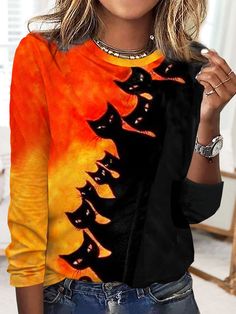 Halloween Printed Crew Neck Casual Long-sleeve T-shirt Casual Halloween, Halloween Top, Halloween Long Sleeve, Plus Size Halloween, Stretch Top, Fall Shirts, Cat Print, Trendy Tops, Plus Size Tops