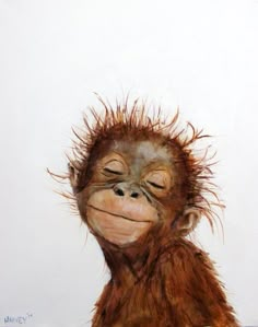 a painting of a monkey with its eyes closed and hair blowing in the wind, on a white background