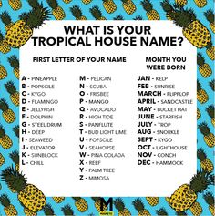 a poster with pineapples on it that says what is your tropical house name?