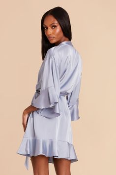 These gorgeous ruffle satin robes are perfect to get ready in. Availabke in Dusty Blue. Equal parts sweet and flirty, these ruffled satin robes will make your bridal suite moment unforgettable. | Dusty Blue Getting Ready Georgette Size XL/2XL | Birdy Grey Kenny Ruffle Satin Robe Satin Robes, Birdy Grey, Bridal Suite, Sleepwear & Loungewear, Birdy, Dusty Blue, Getting Ready, Get Ready, Lounge Wear