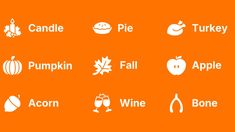 an orange background with different types of pumpkins, apples, and other foods on it