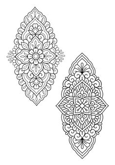 two black and white ornamental designs, one with an intricate design on the top right hand side