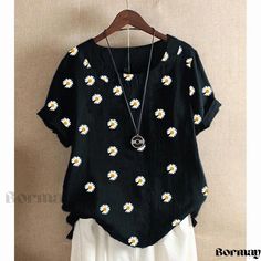 Bormay - Daisy Print Pullover Short-Sleeve Top Polka Dots Fashion, Short Sleeve Pattern, Short Sleeve Pullover, Daisy Print, Tops Online, Casual Tops For Women, Round Neck Tops, Pullover Shirt, Basic Tops