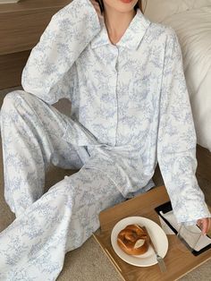 Floral Print Refreshing Pajama Set White     Floral,All Over Print  Non-Stretch All Women Sleep & Lounge, size features are:Bust: ,Length: ,Sleeve Length: White Pajamas, Cute Pjs, Print Pajamas, Pyjama Set, Pj Sets, Heart Print, Pajamas Women, Pajama Set, Length Sleeve