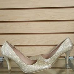 Gold Glitter, Pointed Toe, Approx 3.5" Heel, Non-Skid Sole, New In Box Gold Closed Toe Wedding Shoes With Glitter, Gold Glitter Closed Toe Wedding Shoes, Gold Glitter Wedding Shoes For Party, Gold Glitter Wedding Shoes For Formal Occasion, Formal Gold Glitter Wedding Shoes, Kate Spade Heels, Retro Heels, Brown Pumps, Nude High Heels