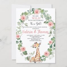 a baby giraffe is surrounded by pink roses and greenery with the words we are