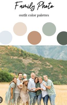 a family posing for a photo in a field with the words family photos overlayed