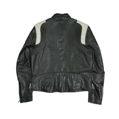 Diesel moto jacket in black leather with white patches on the shoulders, a front-zip opening in silver hardware, zip pockets, and zip openings on the sleeves. Brand = Diesel Size = Extra large Condition = 8/10, Very good. A few scuffs in leather, some scratching in metal hardware. Includes tags. Material = Leather Hardware = Silver SKU = 13400-79 Black Biker Jacket With Zip Fly For Motorcycling, Moto Leather Jacket With Zip Fly For Streetwear, Moto Leather Jacket With Zip Fly For Motorcycling, White Moto Biker Jacket With Zipper, Motorcycling Moto Leather Jacket, Black Moto Leather Jacket With Zip Fly, White Patches, Leather Hardware, Leather Moto