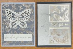 two cards with butterflies on them, one is silver and the other has gold foil