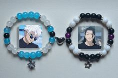 two bracelets with pictures of anime characters on them