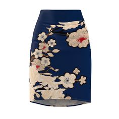 This high quality AOP pencil skirt features a dark blue floral pattern. Comfortable and soft. 95% Polyester 5% Spandex. Mid waist fit. Cute skirts for women. Elegant Fitted Printed Bottoms, Floral Print Pencil Mini Skirt, Spring Printed Pencil Skirt, Fitted Floral Print Pencil Mini Skirt, Chic Fitted Printed Skirt, Elegant Floral Print Mini Skirt, Floral Print Stretch Midi Skirt, Elegant Printed Skirt, Relaxed Floral Print Pencil Skirt