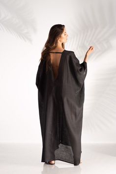 "Black Linen Dress, Plus Size Linen, Caftan Lounge Dress ♛ All of Rosche's pieces are created with the sole purpose that YOU feel beautiful! Enjoy unique details in combination with high-quality materials every day and make an statement every place you go! ♛ Perfect for every occasion! ♛ Materials & Care: Linen ♛ Delivery: Ready to ship in 3-5 business days. I ship all my pieces express! Express shipping estimates: * USA & Canada ~ 2-3 business days * EU ~ 2-3 business days * Australia, Oversized Elegant Beach Midi Dress, Elegant Oversized Midi Dress For Beach, Oversized Elegant Midi Dress For Beach, Oversized Black Tunic For The Beach, Oversized Black Tunic For Beach, Loose Fit Tunic Midi Dress For Beach, Oversized Tunic Midi Dress For Beach, Black Summer Dresses With Kimono Sleeves, Black Maxi Dress With Kimono Sleeves For Summer