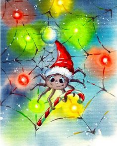 a painting of a spider with a santa hat on it's head and lights in the background