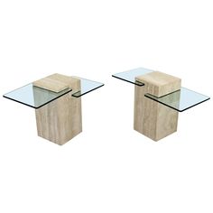 two glass and wood side tables on white background