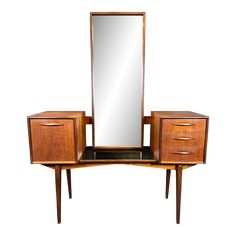 a wooden vanity with mirror and two drawers