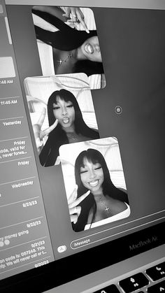 a computer screen with three pictures of women on it's face and the keyboard is black and white